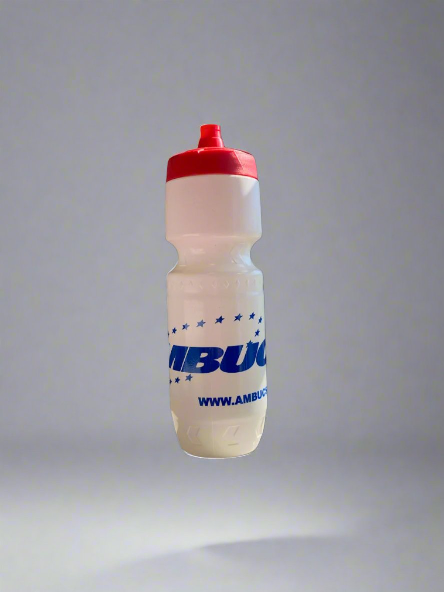 white sports drink bottle with red top and AMBUCS logo in blue. 