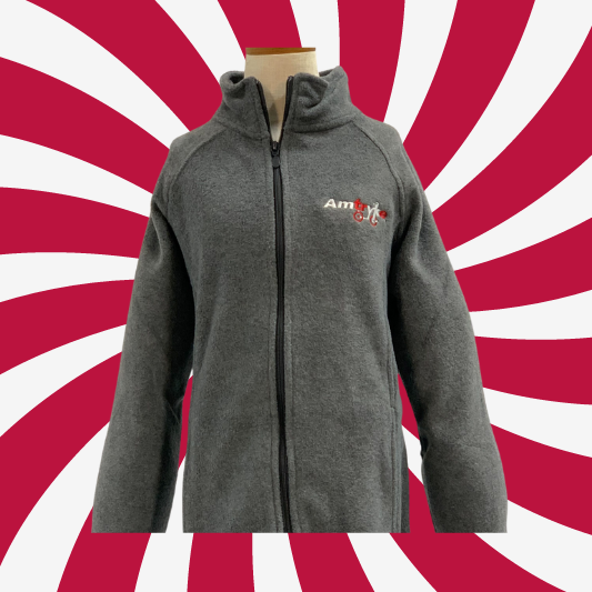 Grey fleece full zipper jacket with the Amtryke logo embroidered in white and red lettering.  The Y and K letters connect two bicycle wheels underneath.  
