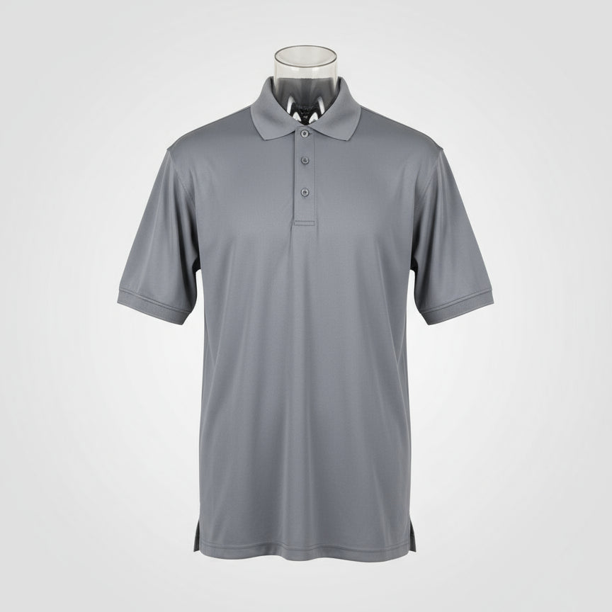 Gray polo shirt on a mannequin in an office setting