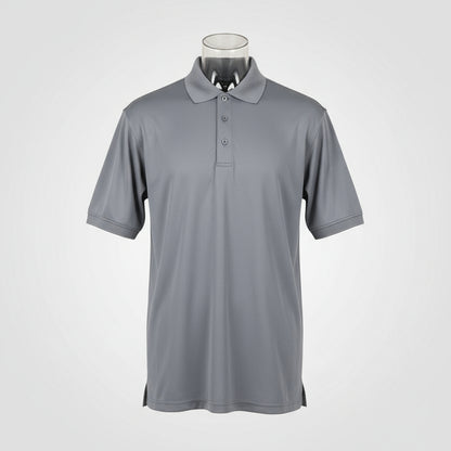 Gray polo shirt on a mannequin in an office setting