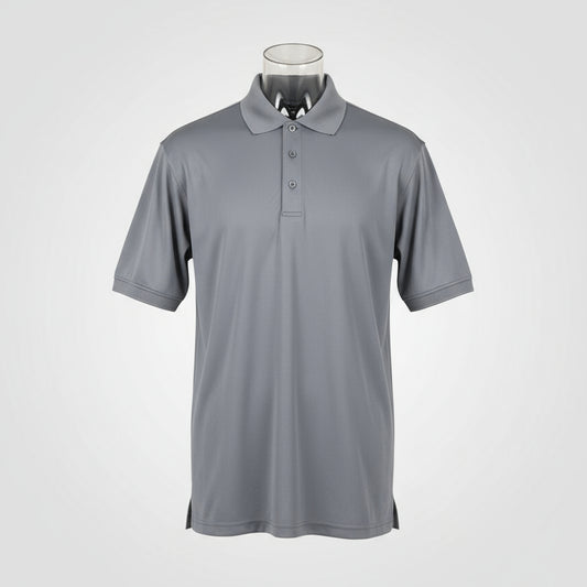 Gray polo shirt on a mannequin in an office setting