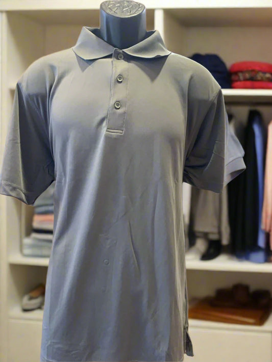 Gray polo shirt on a mannequin in an office setting