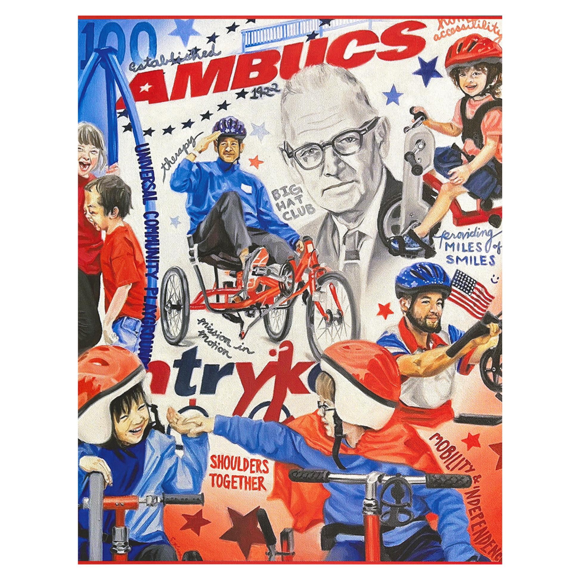 Drawing depicting the AMBUCS founder with children and veterans riding adaptive tricycles