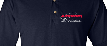 Embroidered AMBUCS logo in red stich. One hundred years of Inspiring Mobility and Independence embroidered in white stich